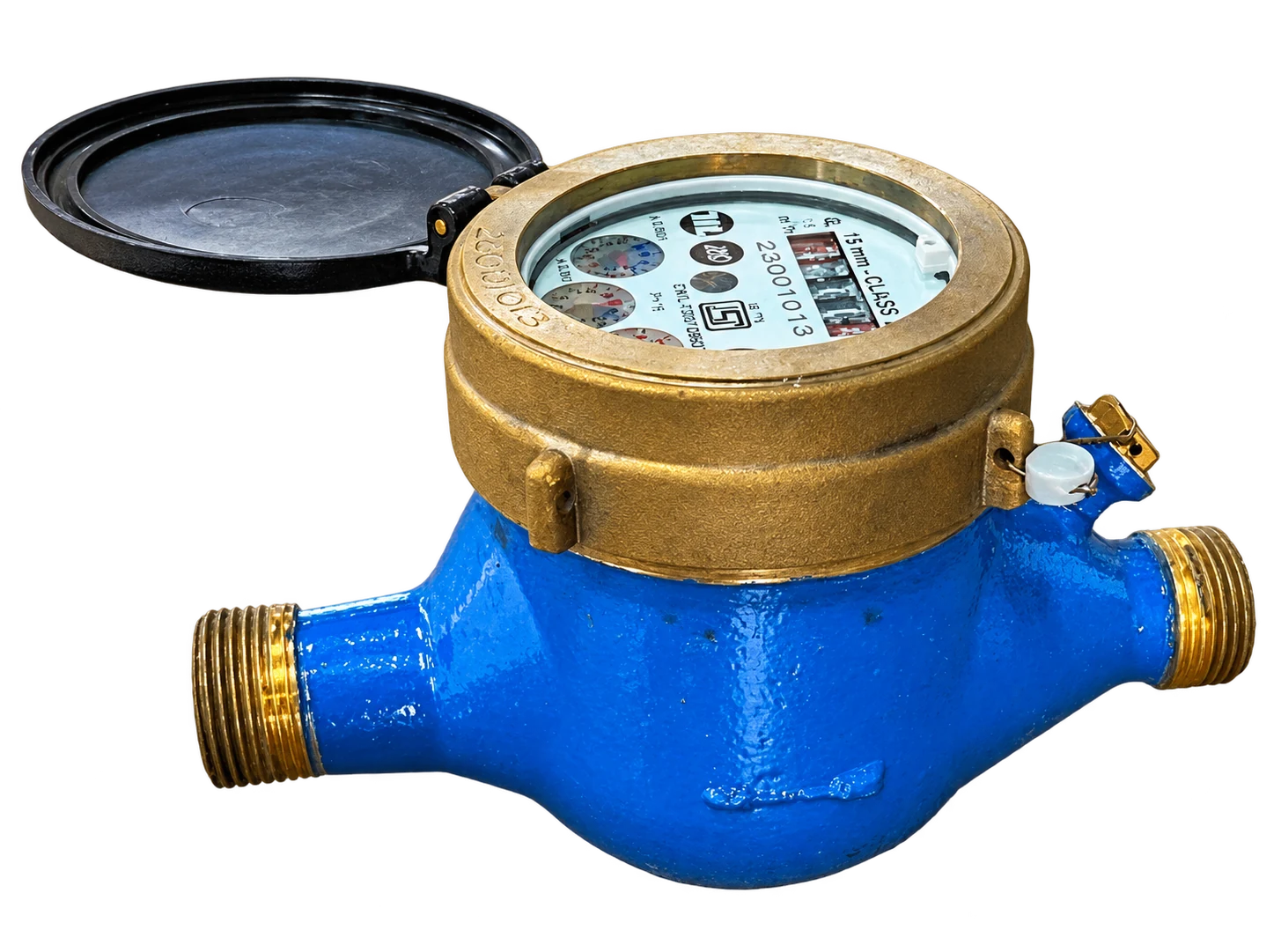 Aquacy blue and brass water meter with its register lid open